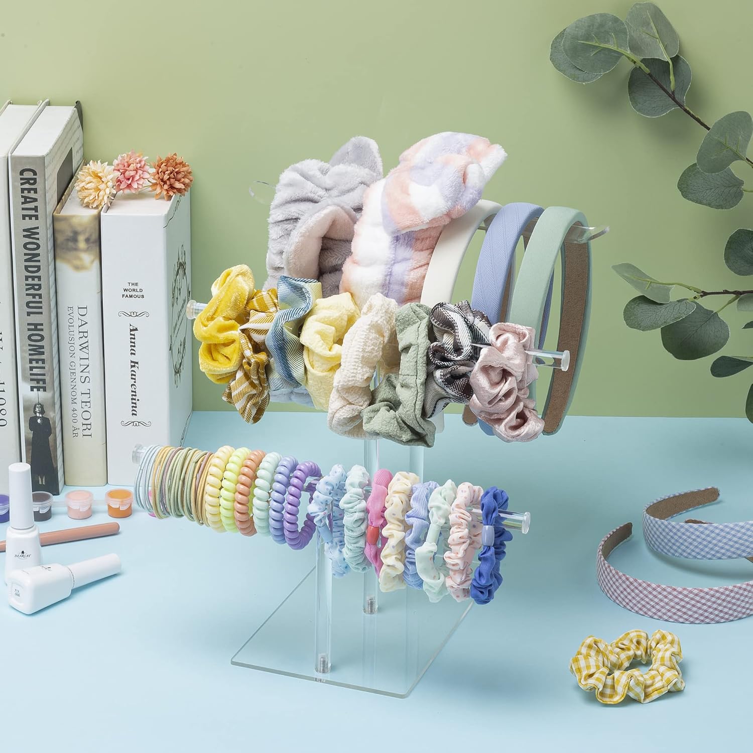 Acrylic Headband Holder Organizer Storage, 3-Tier Clear Scrunchie Holder Stand Hair Accessories Organizer Hair Tie Display Headband Stand for Women