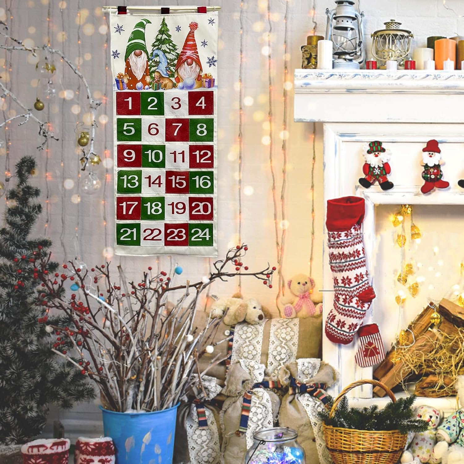 Calendario de cuenta regresiva de Navidad, calendario de Adviento colgante de madera, decoración de pared de Navidad con bolsillos, letrero de