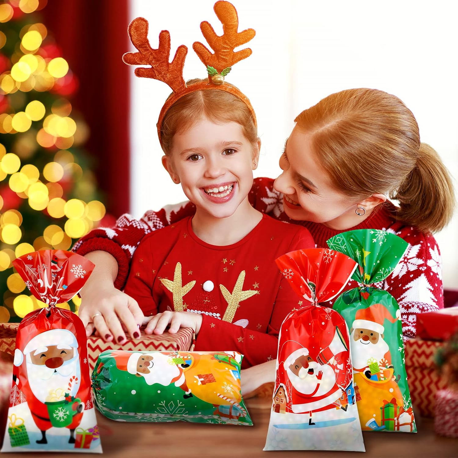 Spiareal 120 bolsas de celofán de Navidad de Papá Noel afroamericano, bolsas de dulces con lazos, suministros de decoración de fiesta de cumpleaños