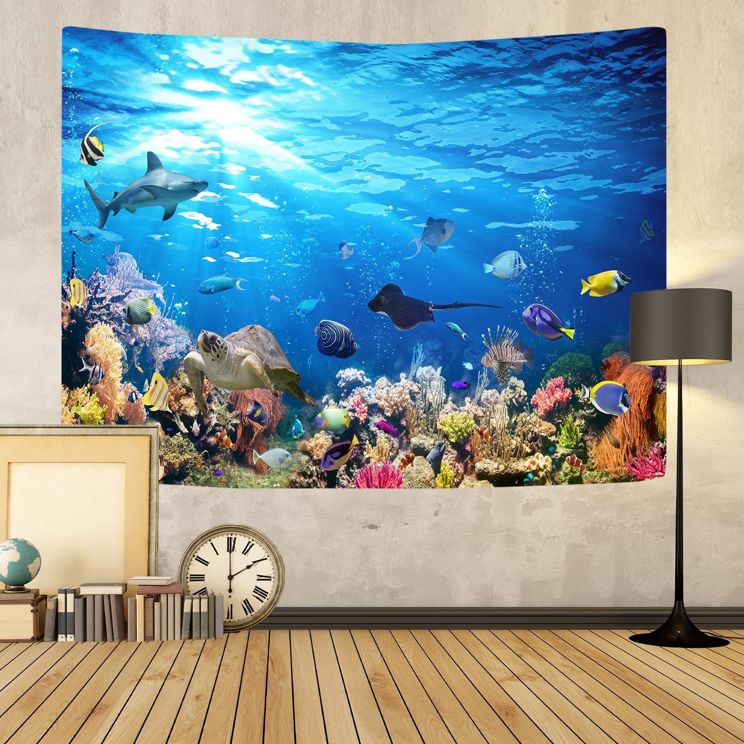 Emwnodti Tapiz de mundo de olas oceánicas azules, tapiz para colgar en la pared, vida marina y arrecife de coral para la educación de los niños,