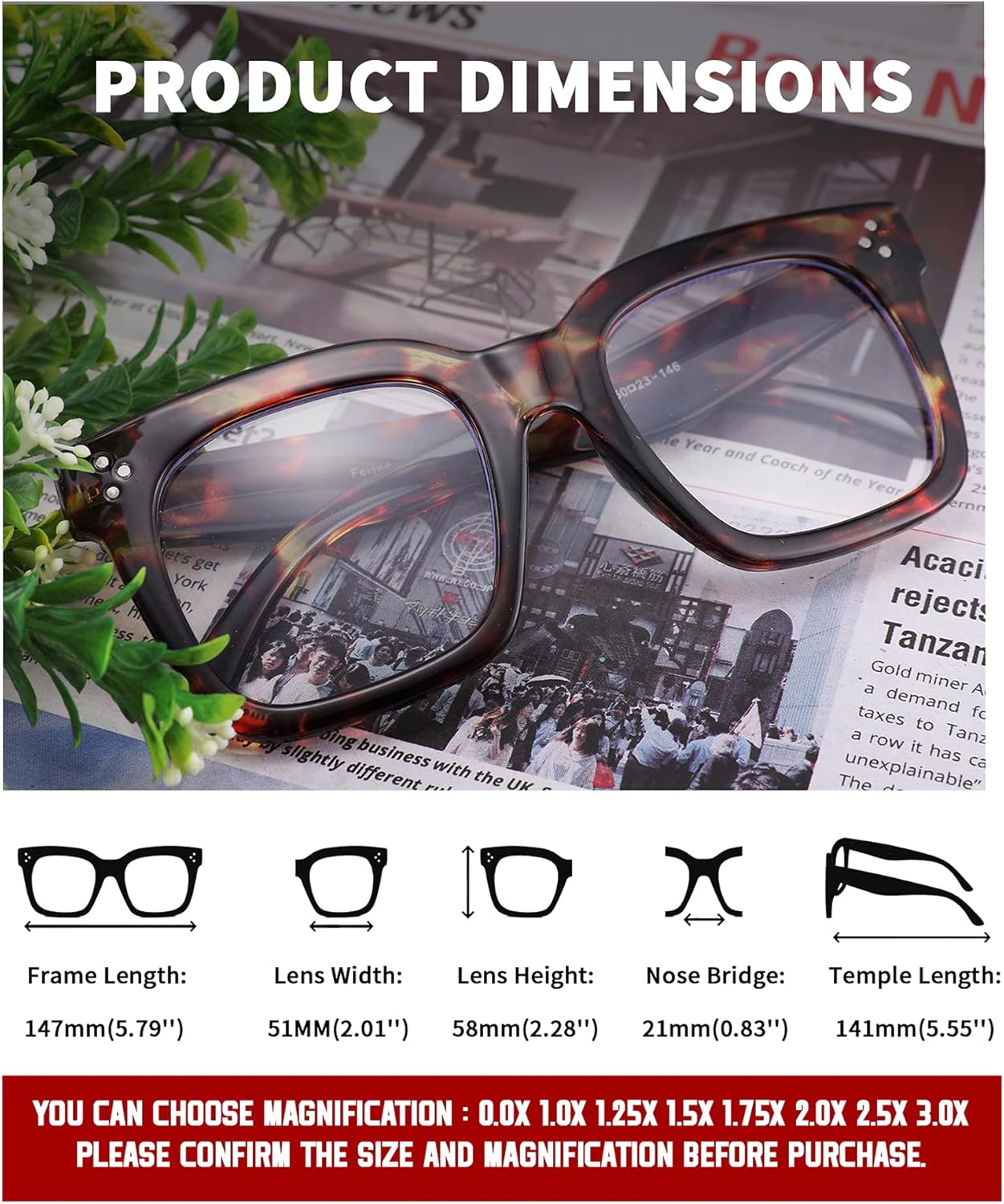 FEISEDY Gafas de lectura con bloqueo de luz azul para lectores de gran tamaño, marco cuadrado de lujo B2695FR