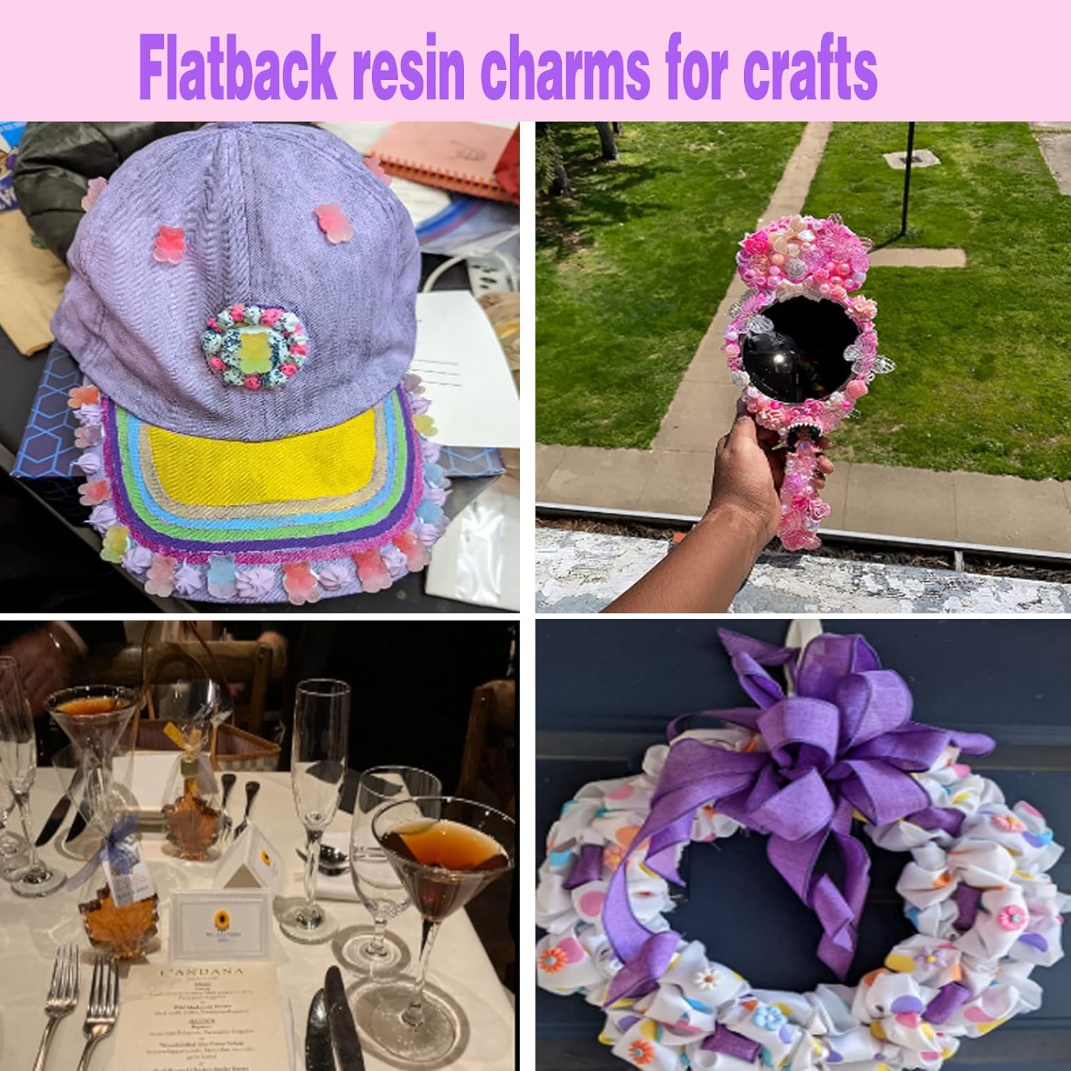 250 cuentas de resina 3D con parte trasera plana, lazos de flores de resina de color morado y blanco, cuentas de mariposa con cuentas de perlas