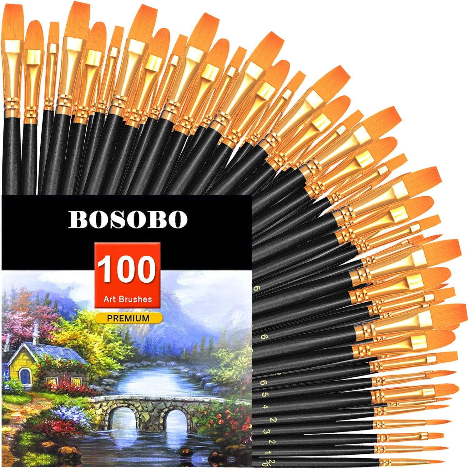 BOSOBO Juego de pinceles de pintura, 10 unidades, 100 pinceles de punta redonda puntiaguda, pinceles de pintura acrílica de nailon para acuarela,