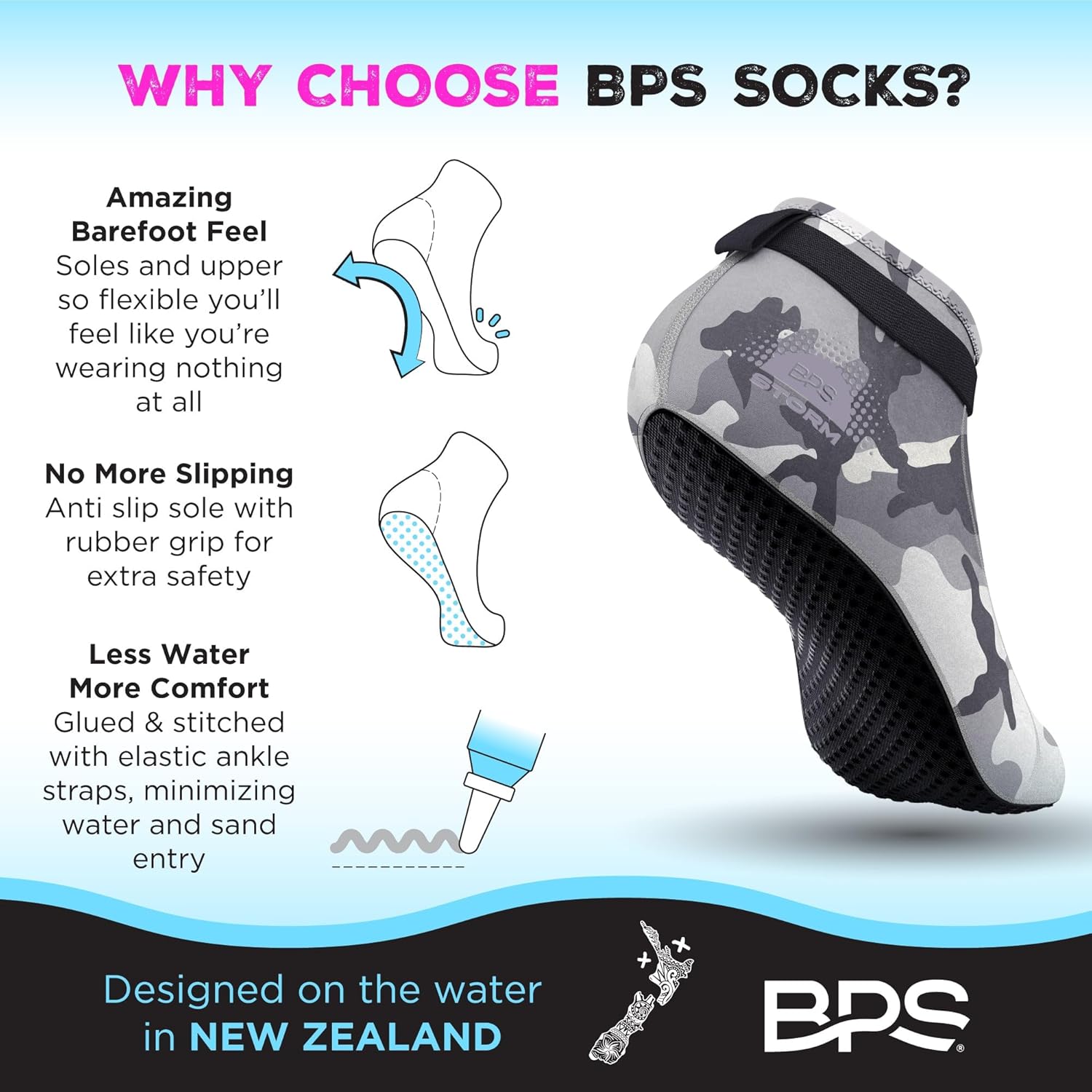 Calcetín BPS ‘Storm Sock’ ultra premium para aletas de agua (corte bajo, unisex) 0.118pulgadas de neopreno pegado y cosido ciego con correas de