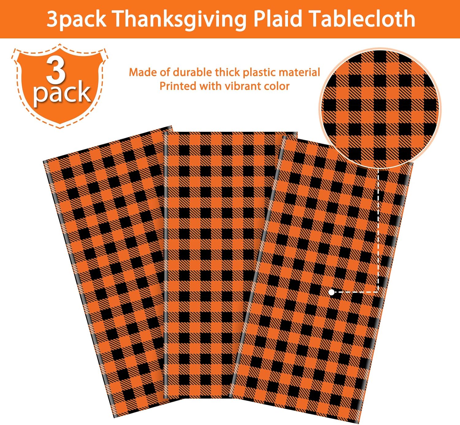 Paquete de 3 manteles de plástico de otoño naranja, desechables de búfalo naranja y negro, para Navidad, Acción de Gracias, cumpleaños, baby shower,