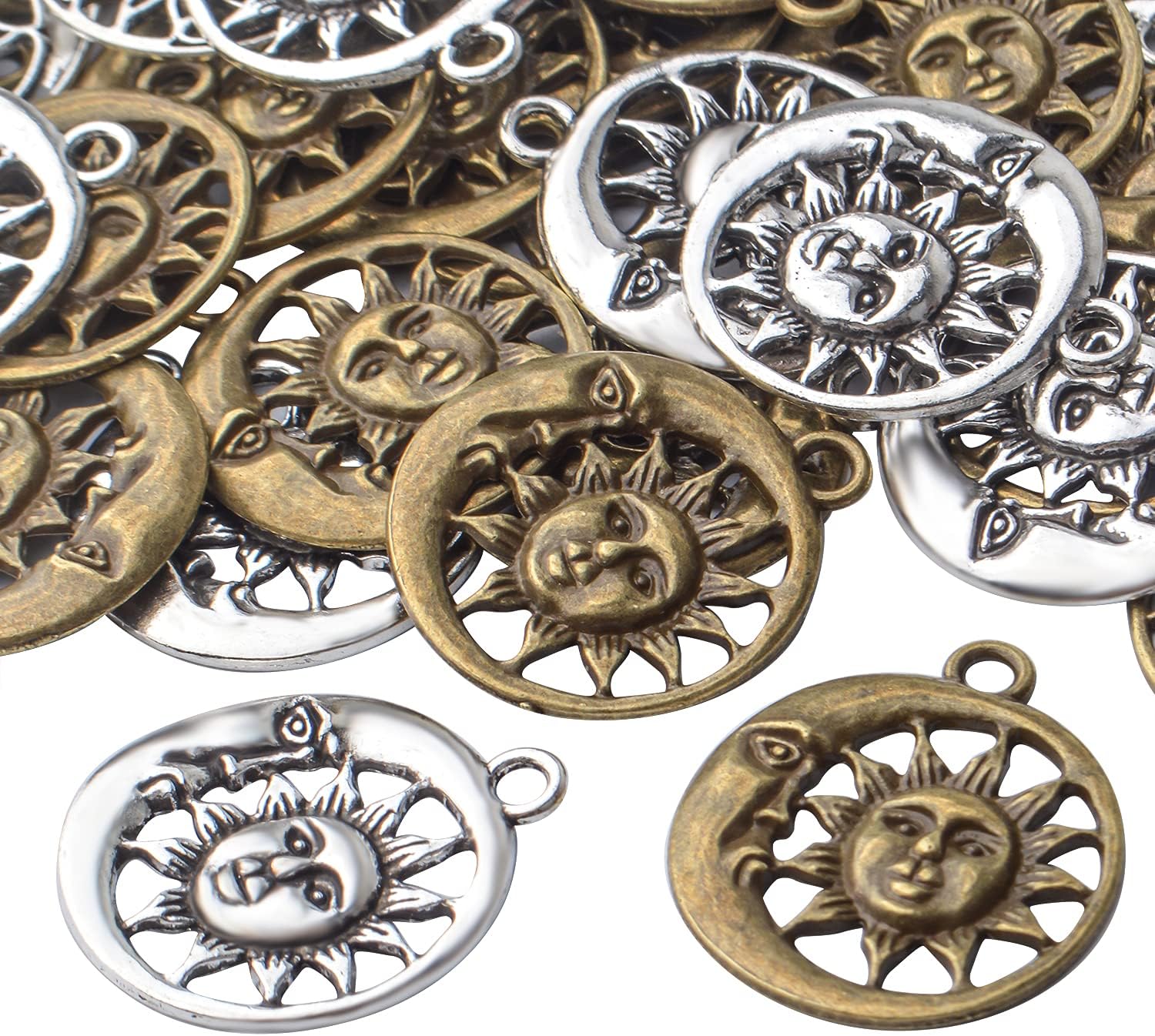 50 dijes de sol celestial, aleación tibetana, luna, sol, sonrisa, suministros de manualidades para manualidades, collares, pulseras, accesorios de