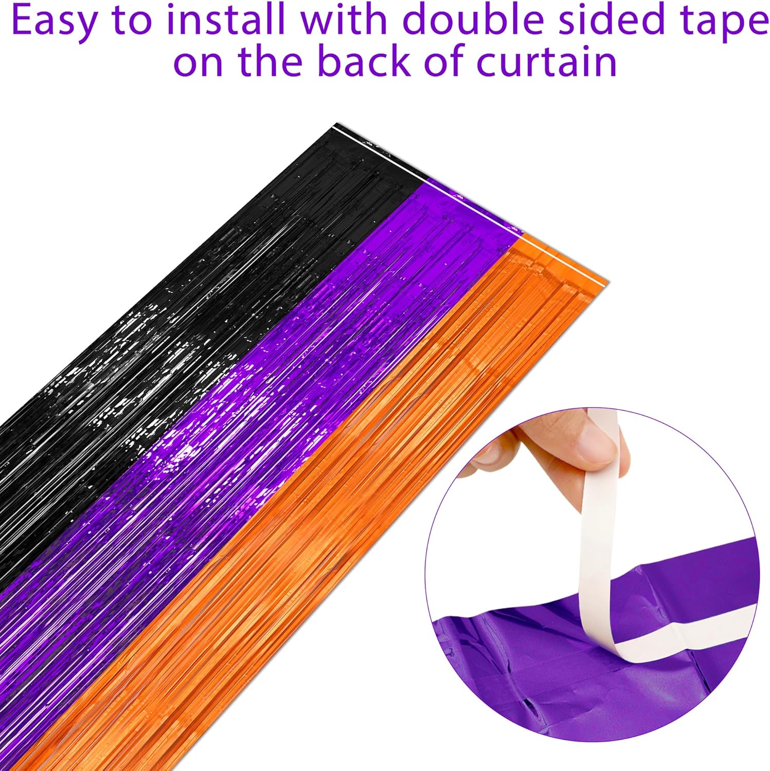 2 Packs 3.3ft x 8.2ft Halloween Orange Purple Black Tinsel Foil Fringe Curtains, Metallic Foil Curtains for Home Outdoor Halloween Party Photo Booth
