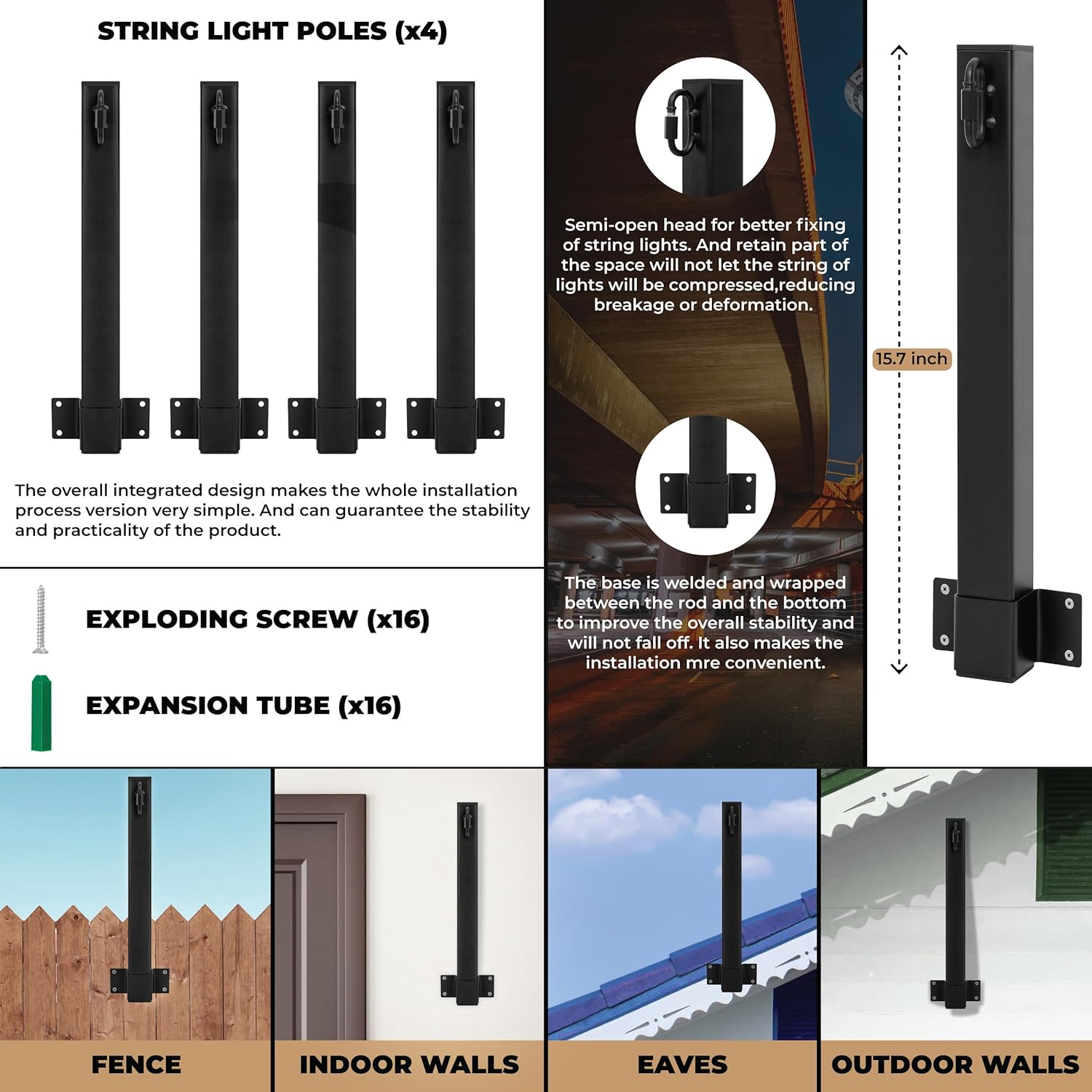 Paquete de 4 postes de luz de suspensión para exteriores de 16 pulgadas, poste para colgar luces exteriores con clip y soporte, soporte de poste de