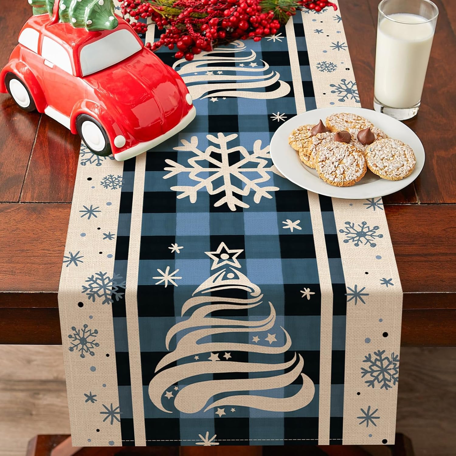 Seliem Camino de mesa de árbol de Navidad con copos de nieve de invierno, decoración de mesa de comedor de búfalo azul de Navidad, decoración de