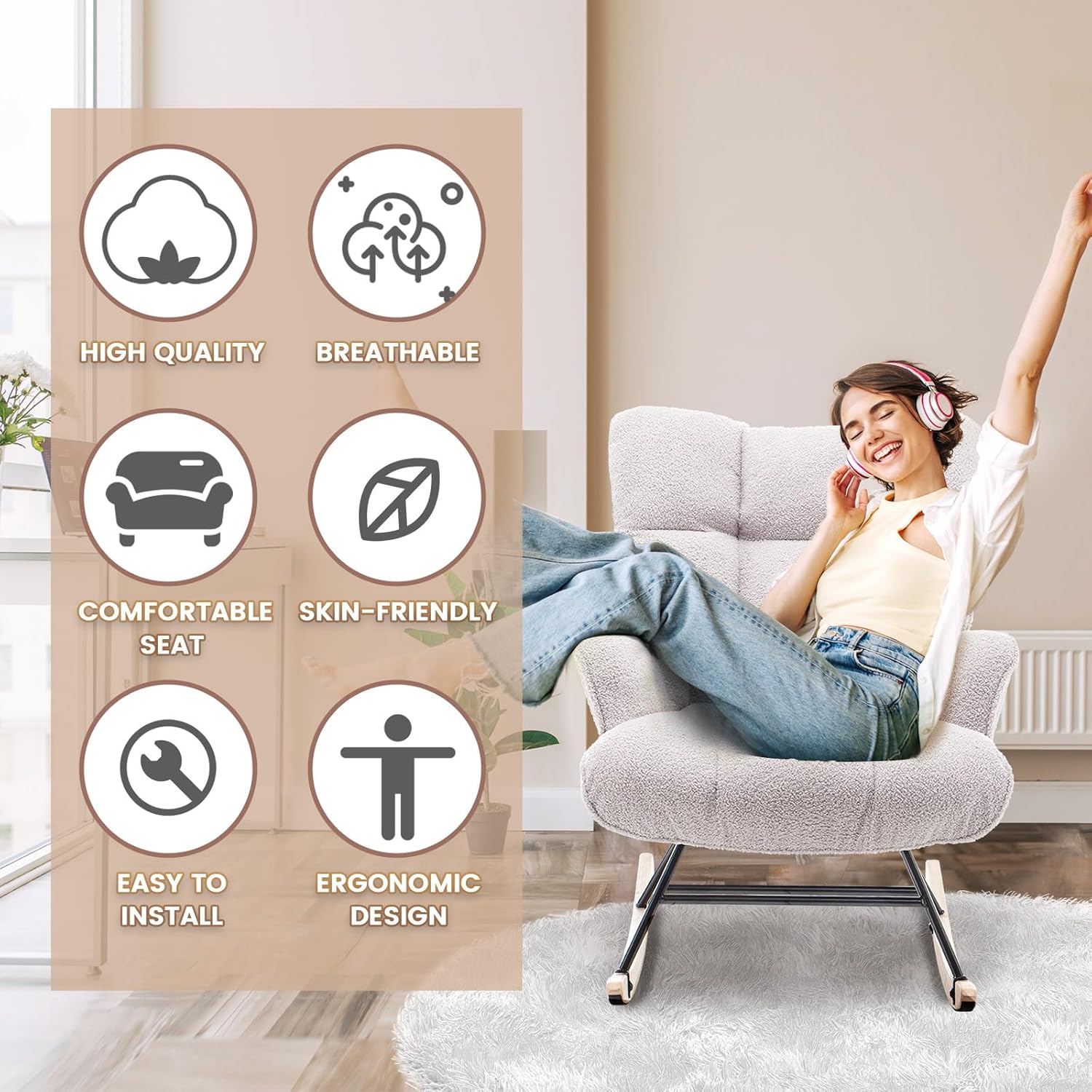 Mecedora tapizada con respaldo alto, cómodo y elegante sillón con asiento acolchado para salas de estar, dormitorios grises, oficinas, gris