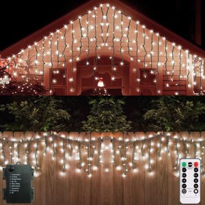 Luces de cortina de hadas para jardín, luces de carámbano, 102 LED con batería para exteriores, con mando a distancia y temporizador, cable verde Luces de cortina de hadas para jardín, luces de carámbano, 102 LED con batería para exteriores, con mando a distancia y temporizador, cable verde