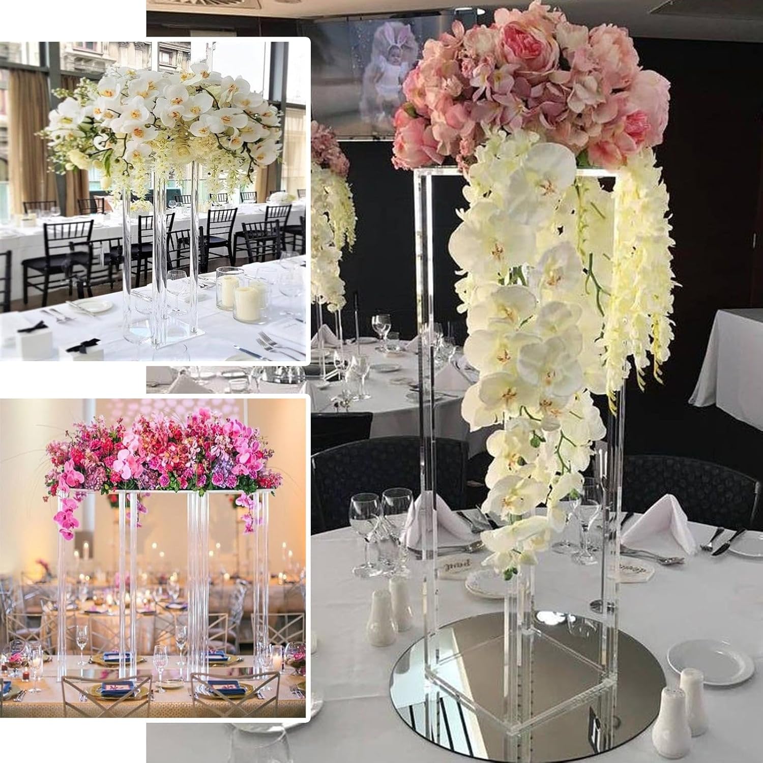 Efavormart – Jarrón de acrílico transparente de 40 pulgadas con base de espejo, columna de boda para centros de mesa con tapa y base intercambiables