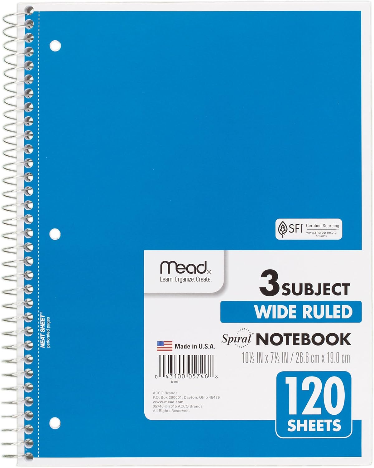 Mead 75698 Cuaderno de espiral, rayas anchas, 3 materias, 120 hojas, 10.5 x 8 pulgadas, colores surtidos, paquete de 6