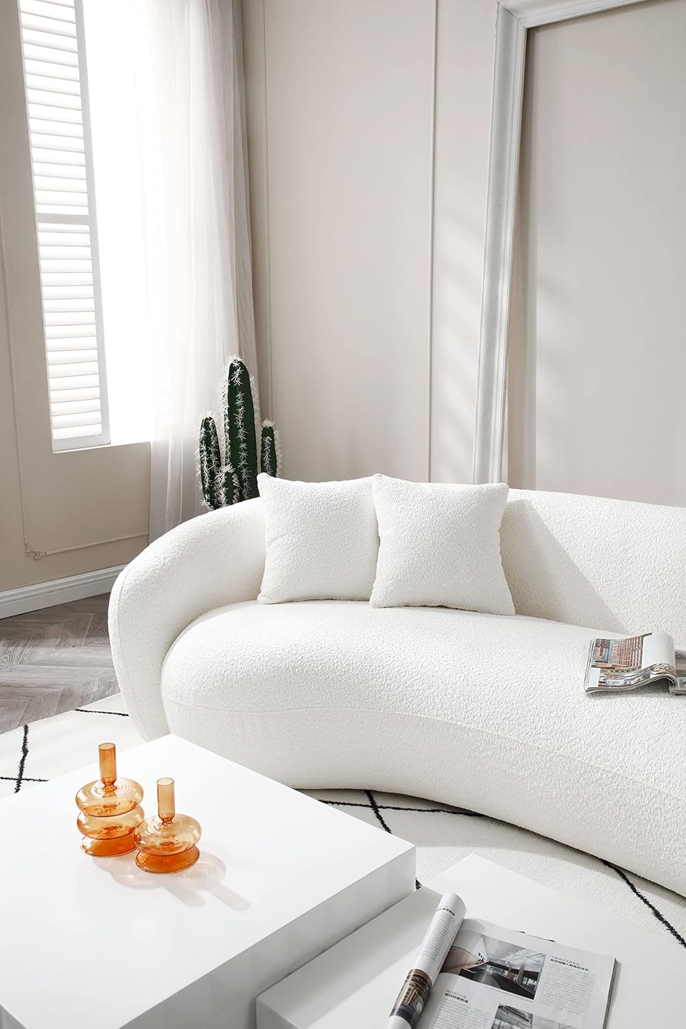 JUSTONE Sofá de sala de estar curvado moderno de mediados de siglo de 101 pulgadas, sofá de tela Boucle de 4 asientos para dormitorio, oficina,
