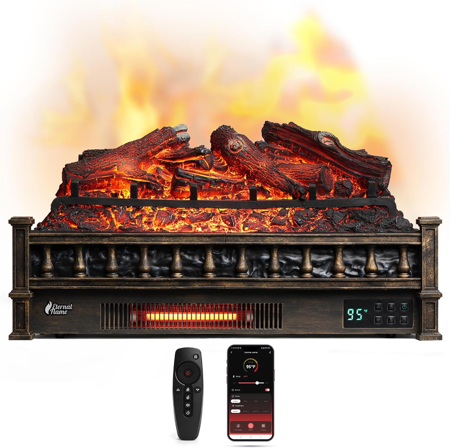 TURBRO Eternal Flame – Calentador eléctrico de cuarzo infrarrojo WiFi de 26 pulgadas con sonido crujiente, troncos de madera de limón realistas,