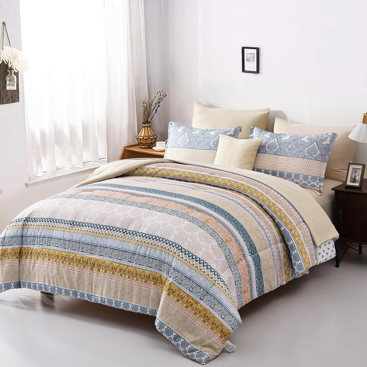 Juego de edredón amarillo tamaño matrimonial, juego de edredón bohemio a rayas y juego de sábanas de microfibra suave para todas las estaciones