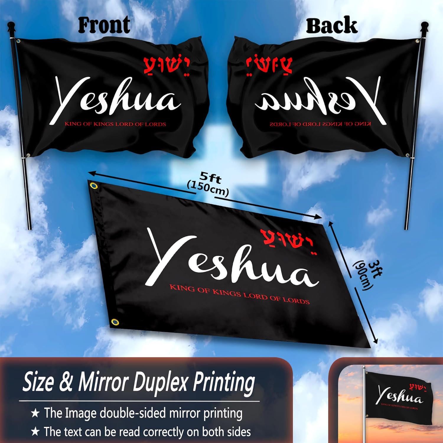 Yeshua – Bandera cristiana de Jesús de 3 x 5 pies, bandera de Pascua de Cristo Jesús para exteriores, casa, patio, habitación, decoración patriótica