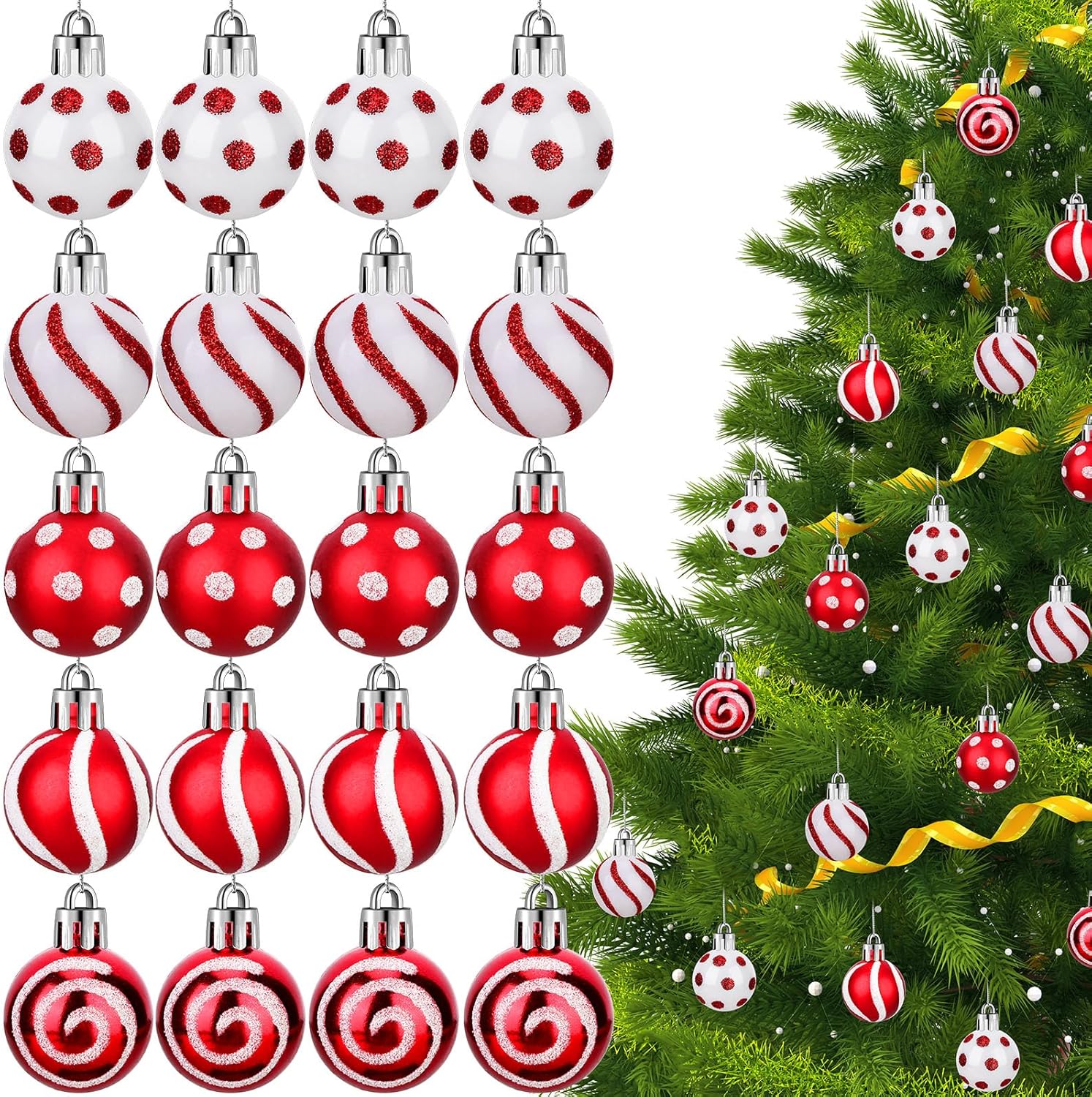Bolas de Navidad adornos mini colgantes para árbol de Navidad, bolas de Navidad rojas y blancas, adornos decorativos para colgar con lazo para