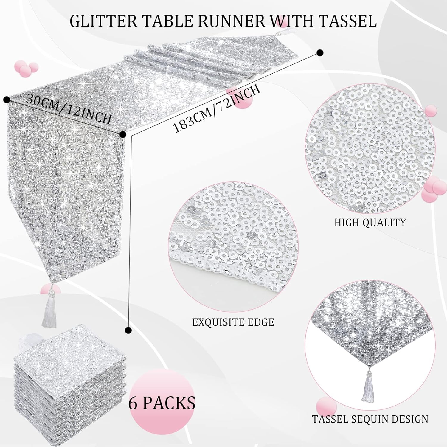 Tatuo Camino de mesa de lentejuelas con borlas para bodas, fiestas, mesa de 12 x 72 pulgadas, camino de mesa de lentejuelas con purpurina, elegante