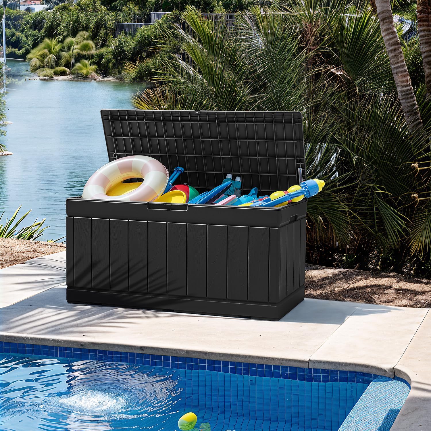 Flamaker Caja de almacenamiento para exteriores, 85 galones, de resina, impermeable, con textura de madera, contenedor de almacenamiento grande para