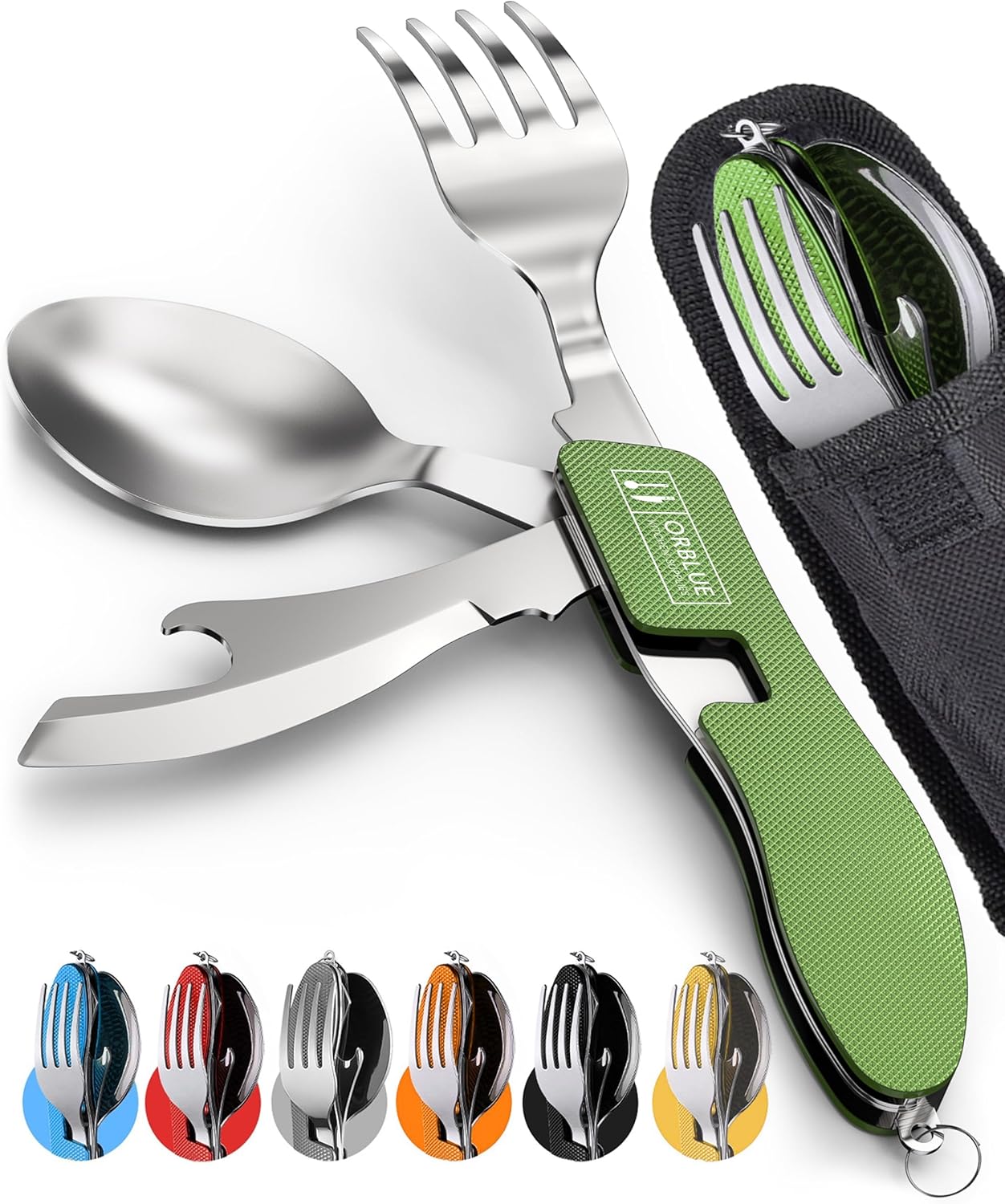 Orblue Utensilios de campamento 4 en 1, paquete de 2  Cuchara portátil de acero inoxidable, tenedor, cuchillo y abridor de botellas,