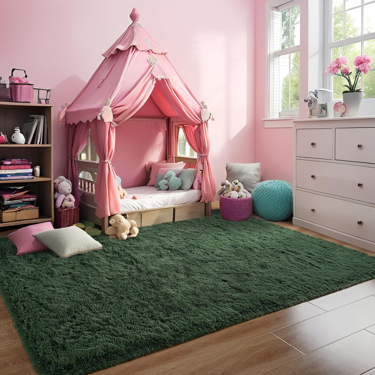 Alfombras de área de color verde oscuro, alfombra mullida para dormitorio, sala de estar, alfombras peludas de interior de 5 x 8 pies, alfombra