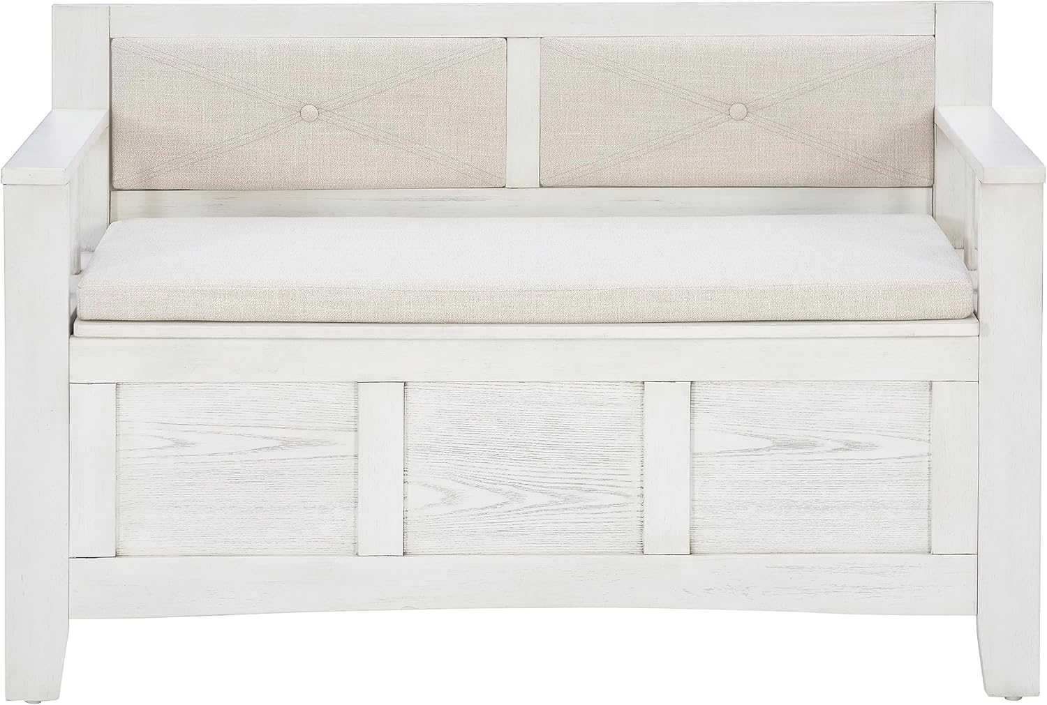 Linon Carlton – Banco de almacenamiento blanco con respaldo tapizado beige y asiento acolchado, gris ahumado