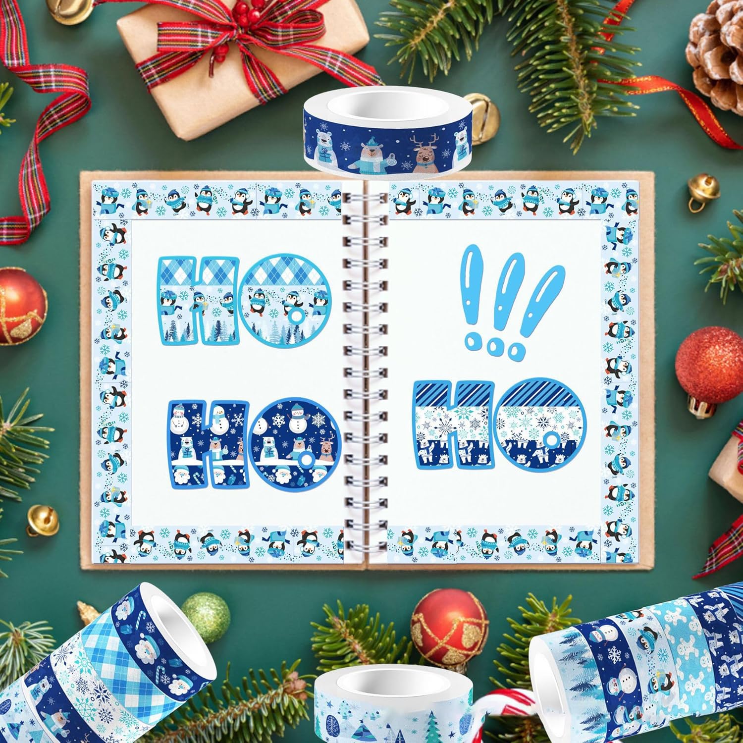 12 rollos de cinta Washi de Navidad de invierno, muñeco de nieve, muñeco de nieve, hombre de jengibre, cinta adhesiva decorativa de animales azules