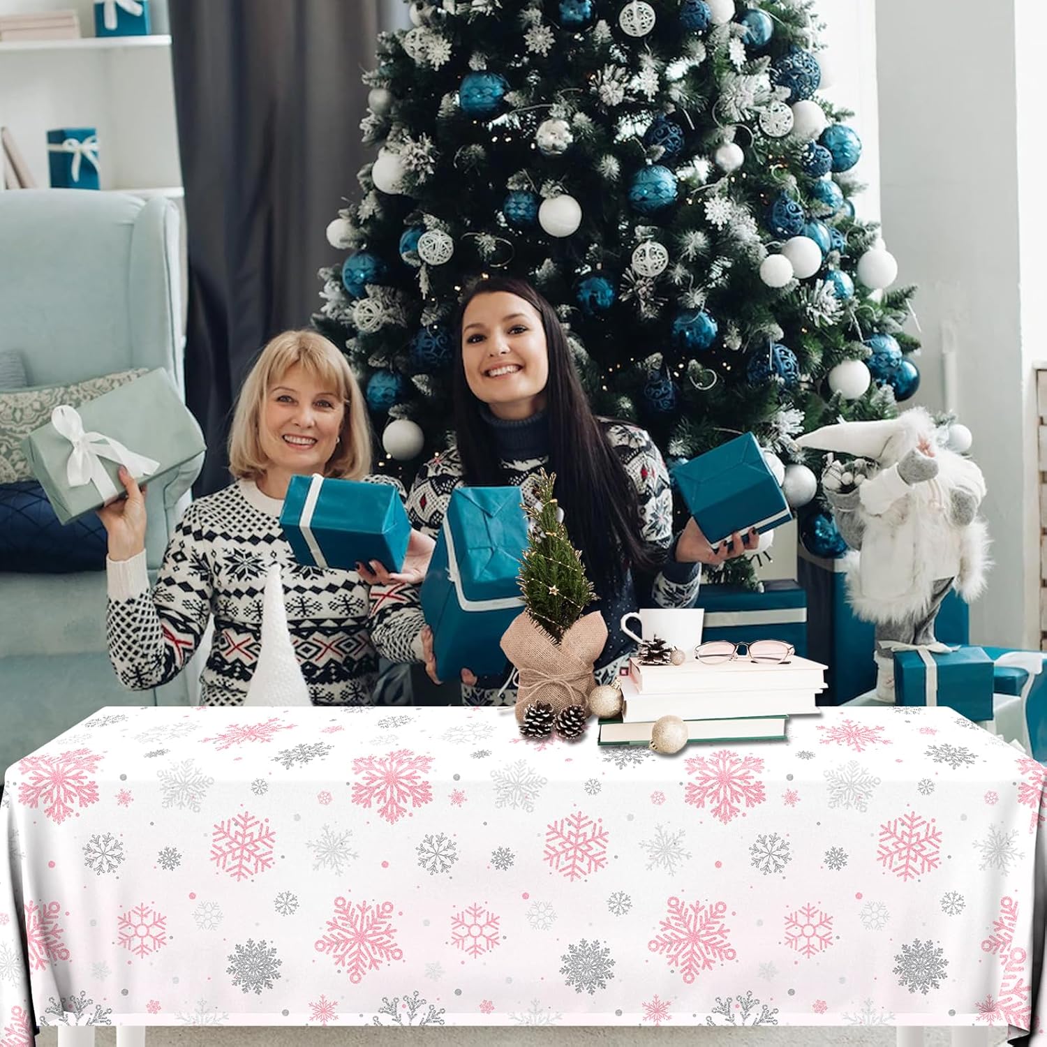 Mantel de invierno con diseño de copo de nieve, 3 piezas, decoración de fiesta de invierno, copos de nieve, rosa, blanco, temático de país de las