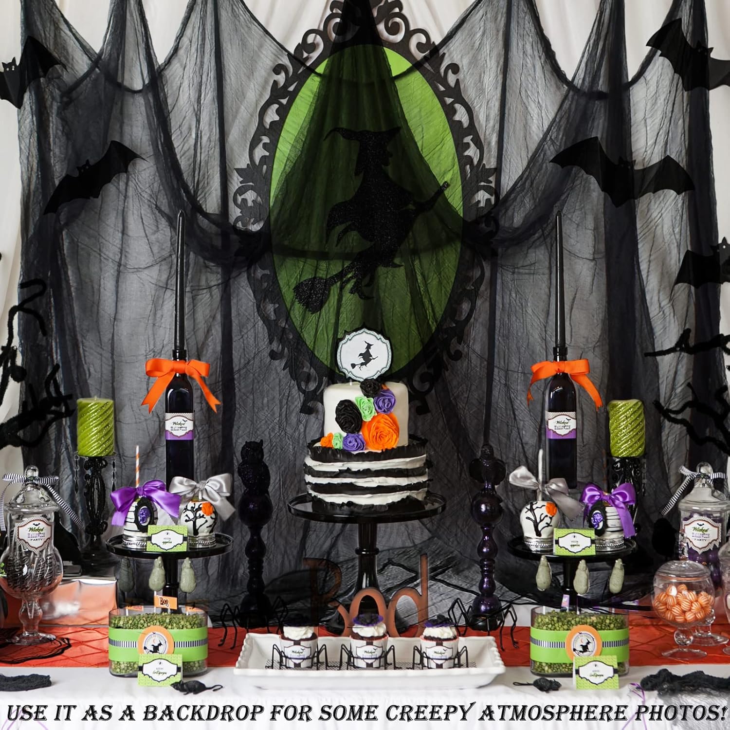 ZeeDix Tela espeluznante negra de Halloween de 85 x 600 pulgadas, tela gigante de Halloween para decoración del hogar, tela de gasa espeluznante