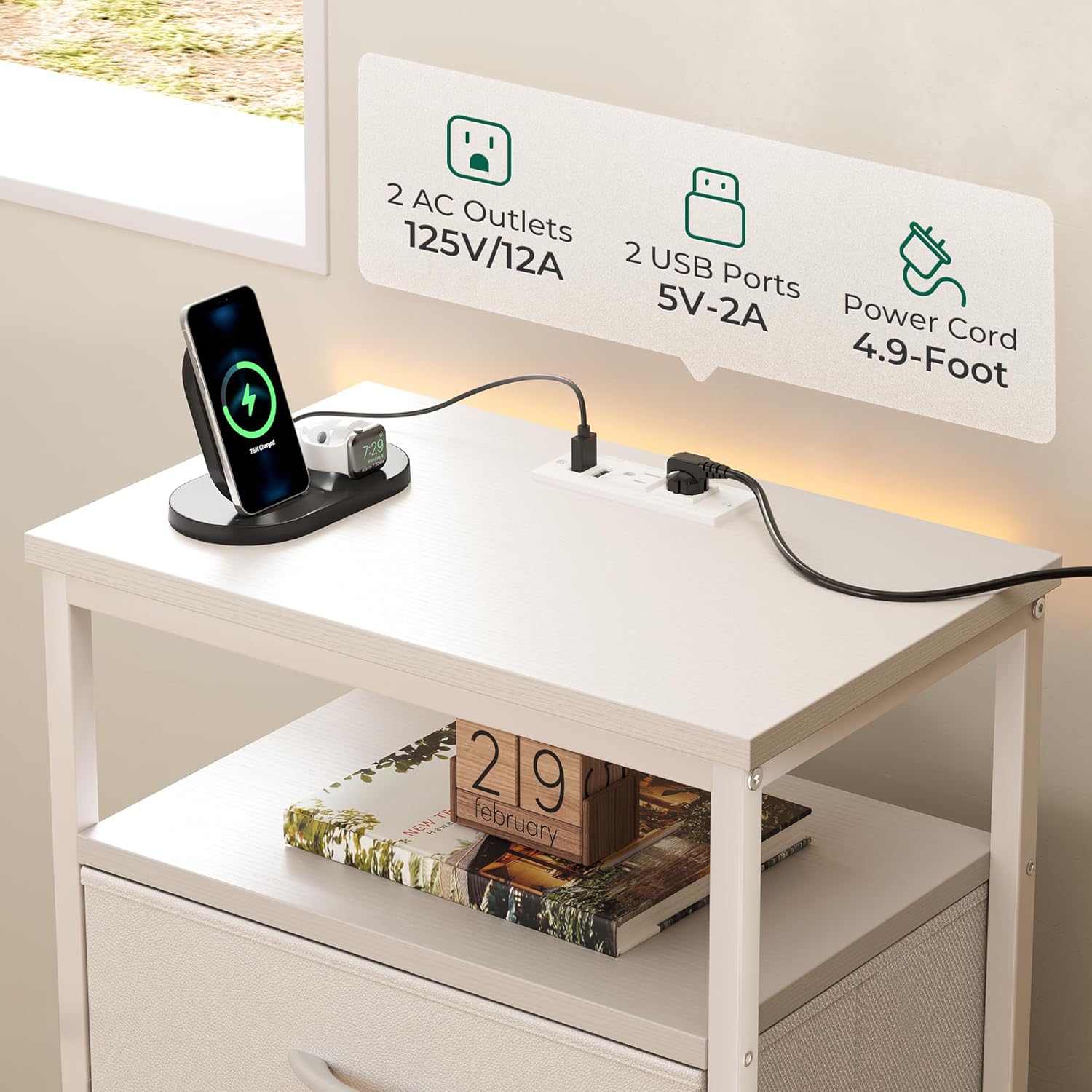 Juego de 2 mesitas de noche, mesas auxiliares con estación de carga, mesas auxiliares con cajones de tela, mesitas de noche con puertos USB y tomas,
