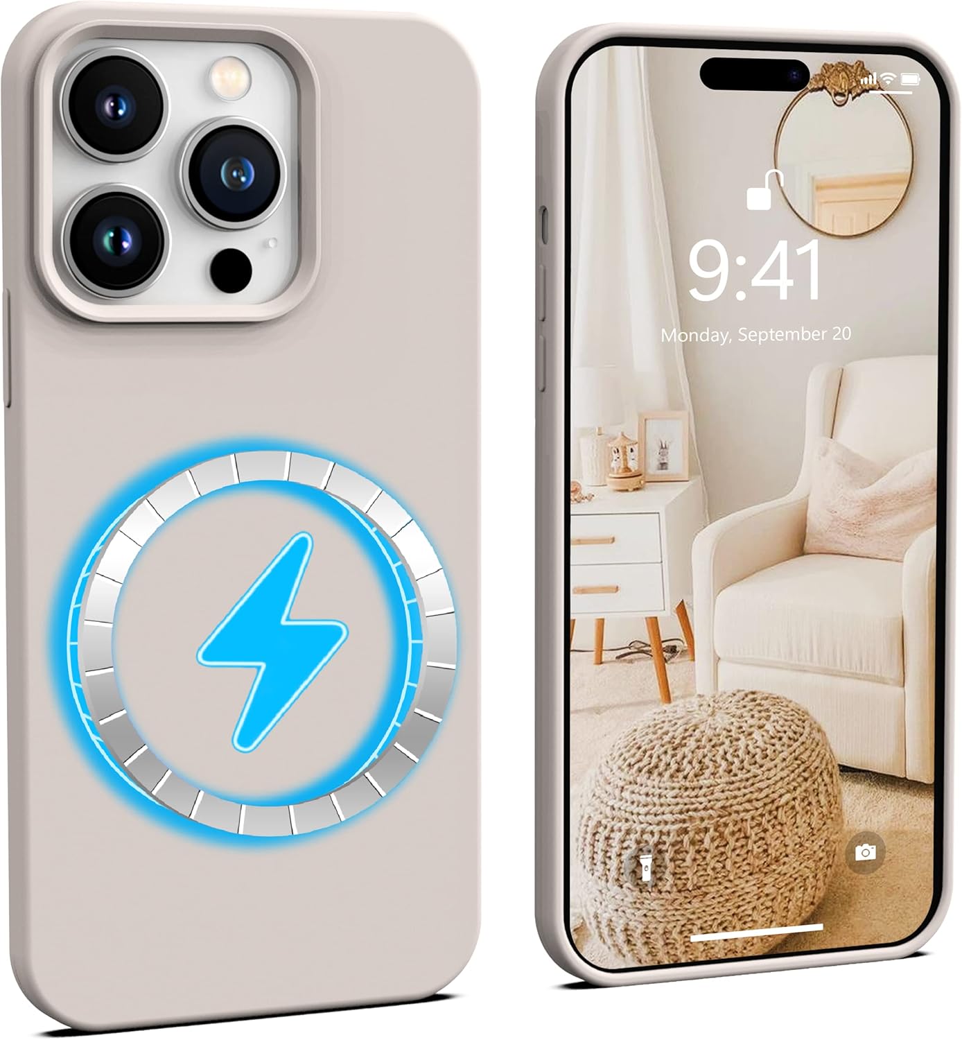 IceSword Funda magnética para iPhone 14 Pro Max, funda de silicona de piedra carga rápida Imanes fuertes delgados, beige claro, crema nude, arena