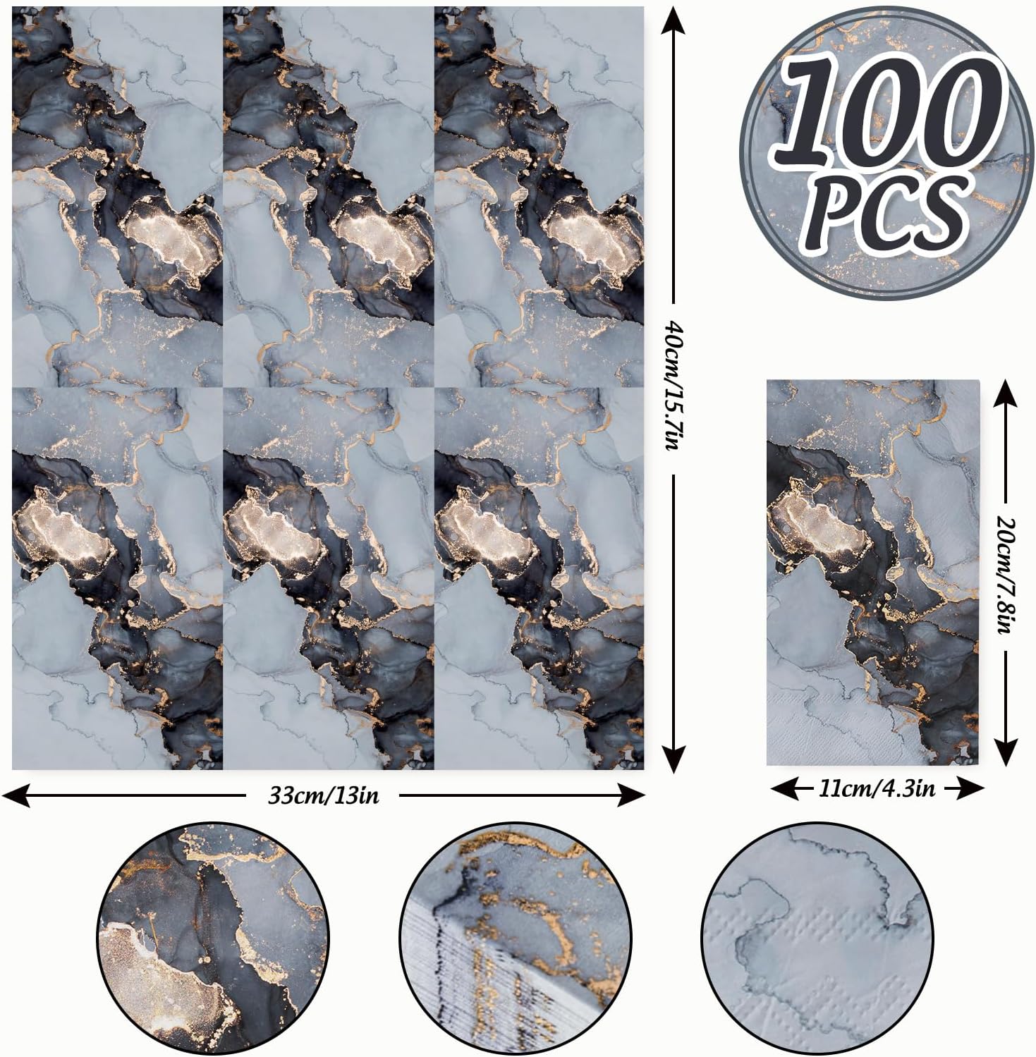 AnyDesign Paquete de 100 servilletas de mármol de 3 capas desechables de papel elegante azul dorado marmoleado para fiesta, servilletas de mano de