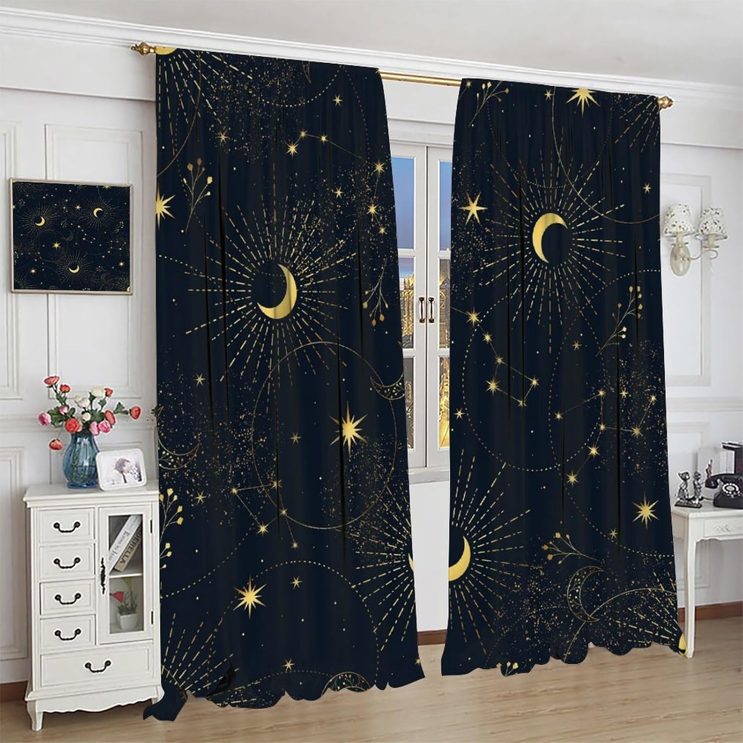 Cortinas opacas con diseño de estrellas y luna, diseño de cielo estrellado de dibujos animados, bohemio, con bolsillo para cortinero, tratamiento de