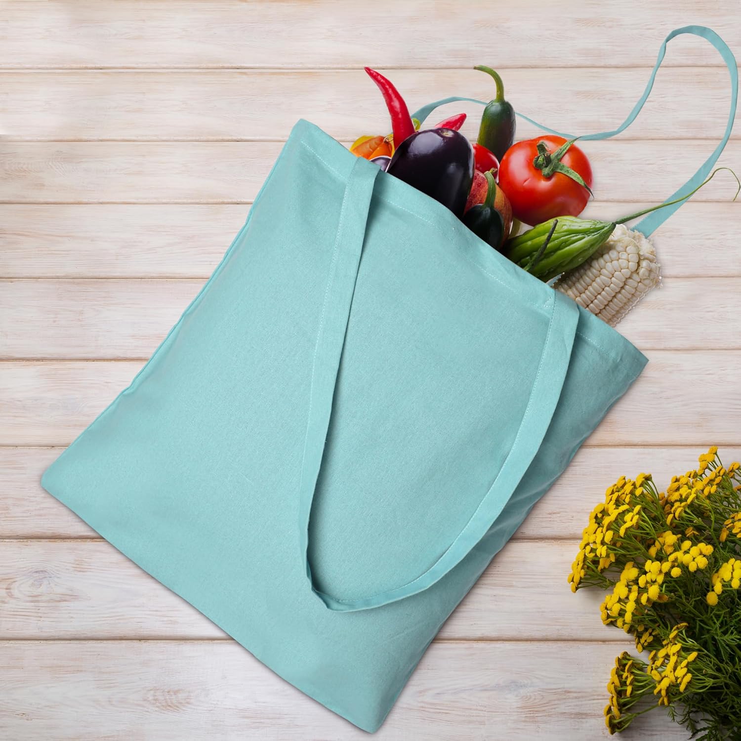 Urban Villa Paquete de 48 bolsas de comestibles reutilizables de 15 x 16 pulgadas con mango largo de 27 pulgadas, color aguamarina, 100% algodón,