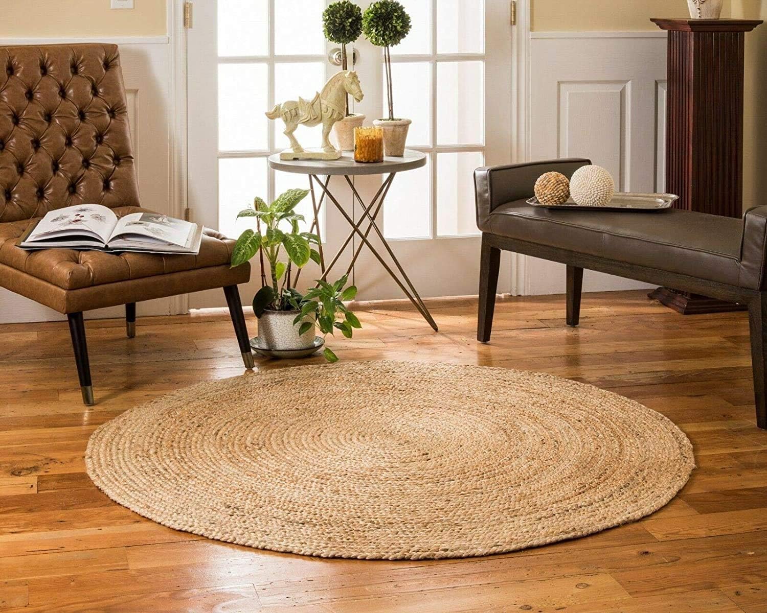 The Home Talk Alfombra bohemia de yute de 5 pies redonda tejida a mano para decoración de interiores y fiestas, estilo bohemio, elegante, suave y