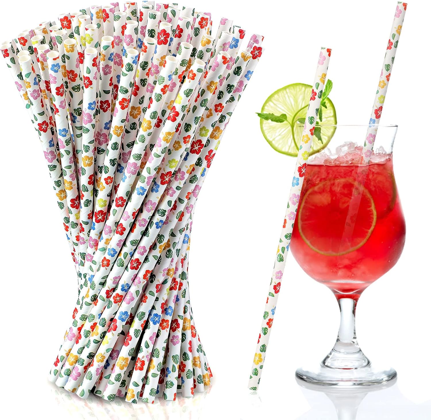 100 pajitas de papel de hibisco, pajitas de papel hawaianas tropicales para fiestas, cócteles, decoraciones para suministros de fiesta, cumpleaños,