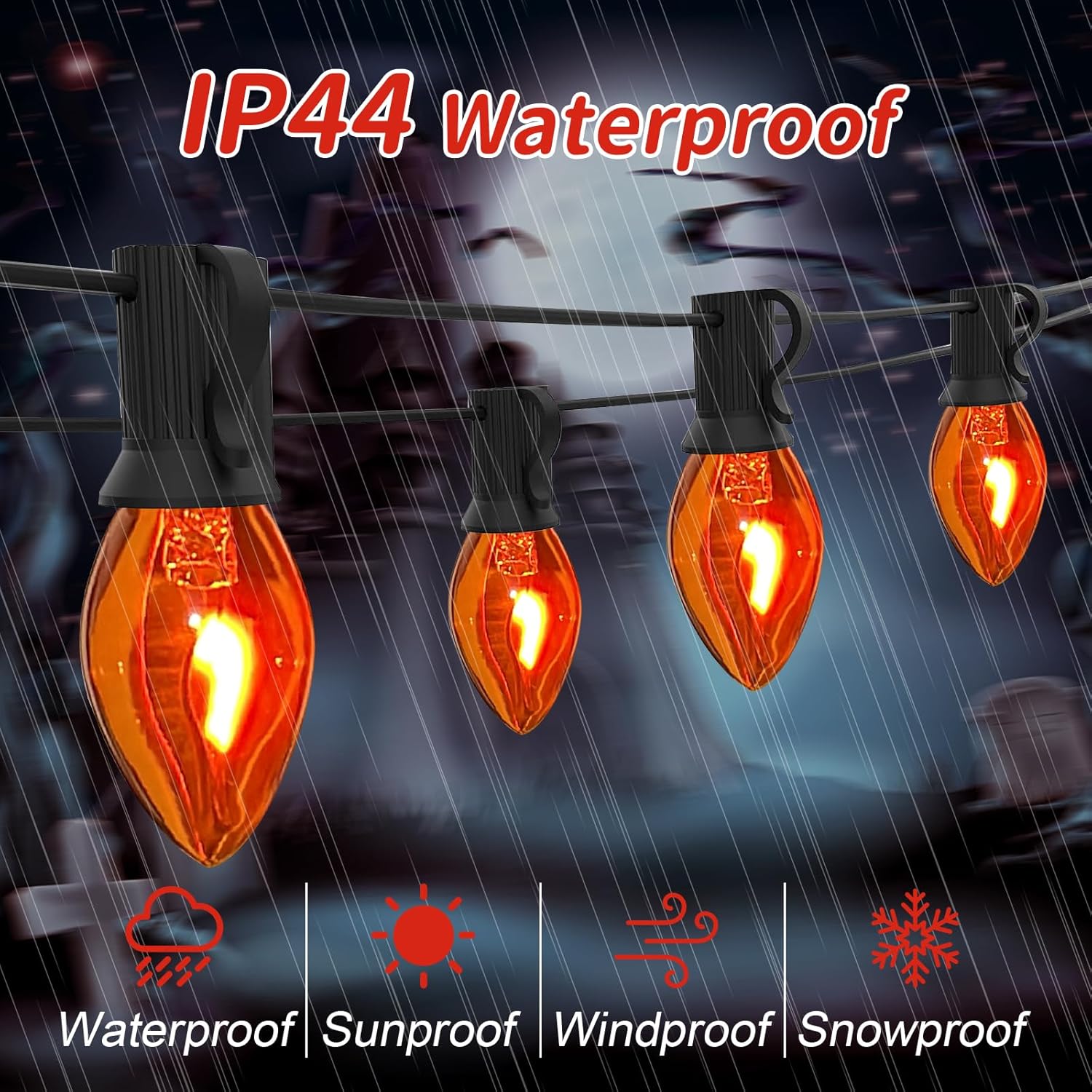 Tira de luces de llama parpadeante, 25 pies C7 naranja de Halloween, luces de llama parpadeante naranja para decoración de exteriores e interiores,