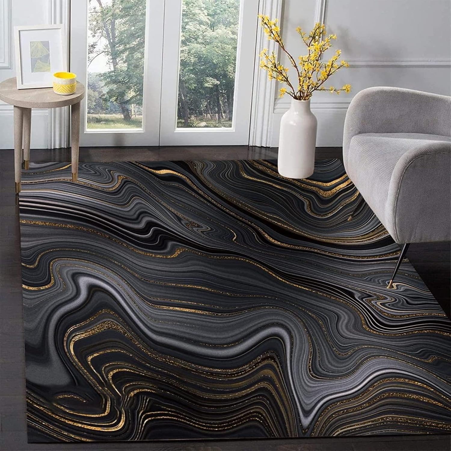 Lujosas alfombras de área de arte de remolino fluido, color negro y dorado, alfombra de dormitorio con textura de mármol abstracto, antideslizante,