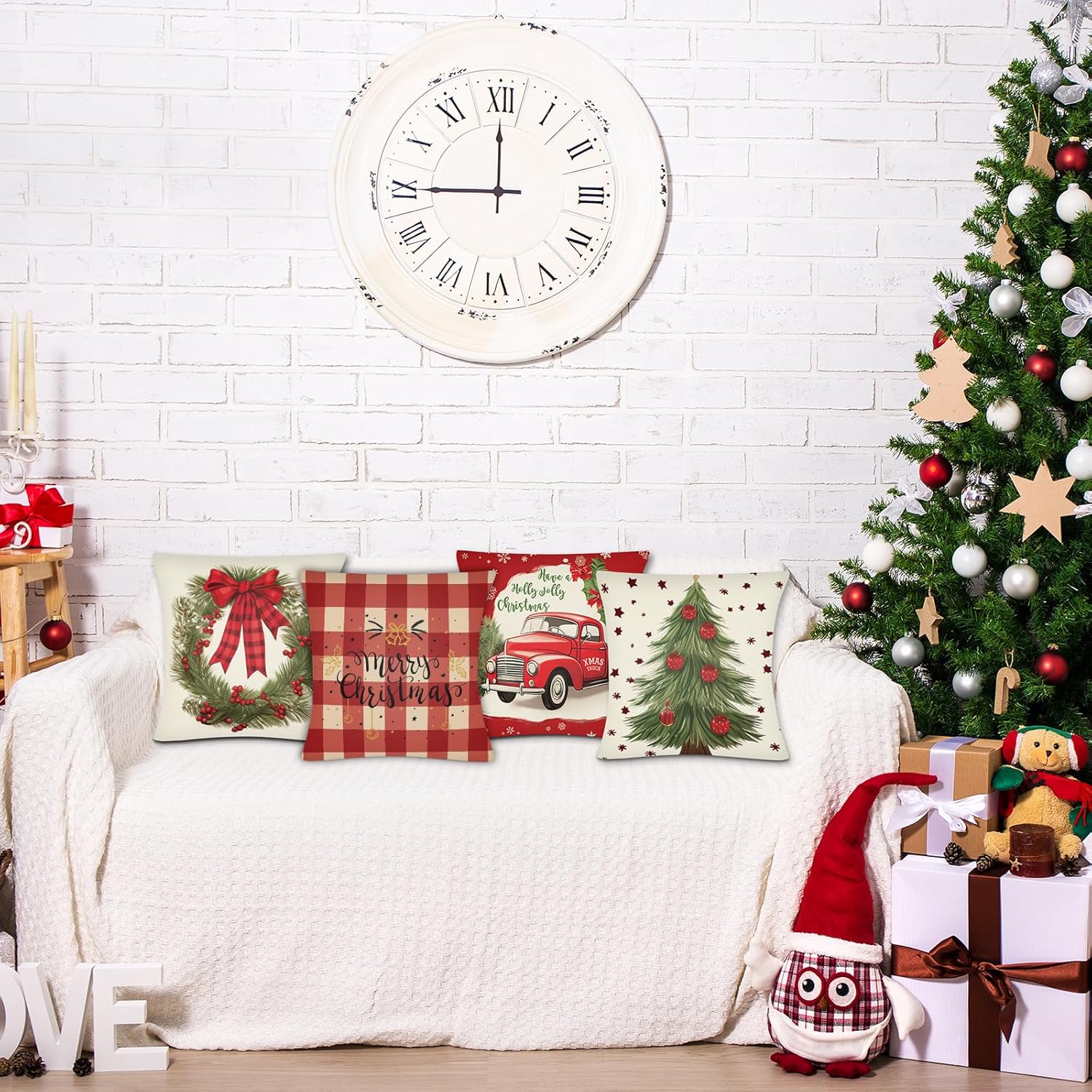 Juego de 4 fundas de almohada de Navidad de 18 x 18 pulgadas, decoración navideña de cuadros rojos, fundas de almohada de Navidad para Navidad,