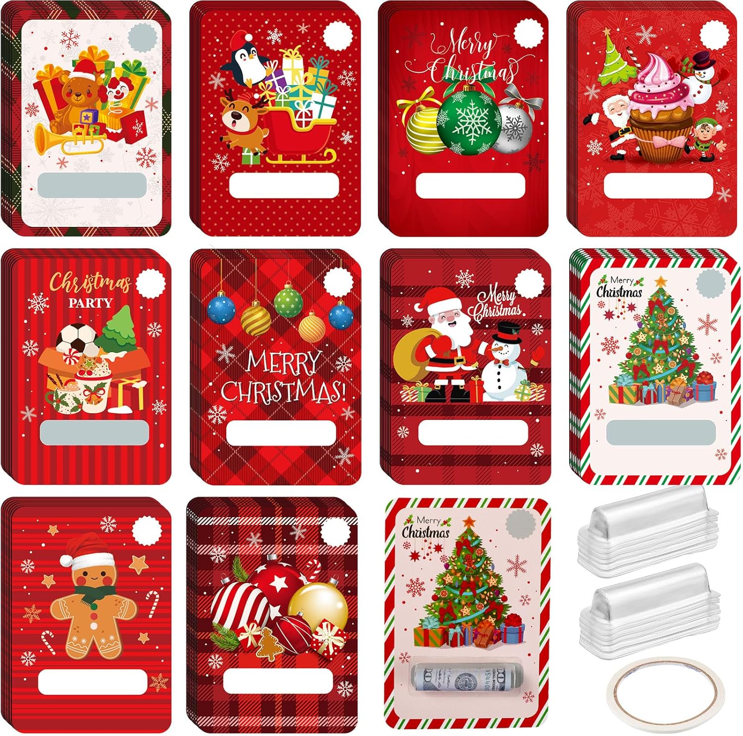 120 unidades de dinero en efectivo de Navidad para regalo en efectivo, bolsa de plástico transparente con cinta de doble cara para Navidad,