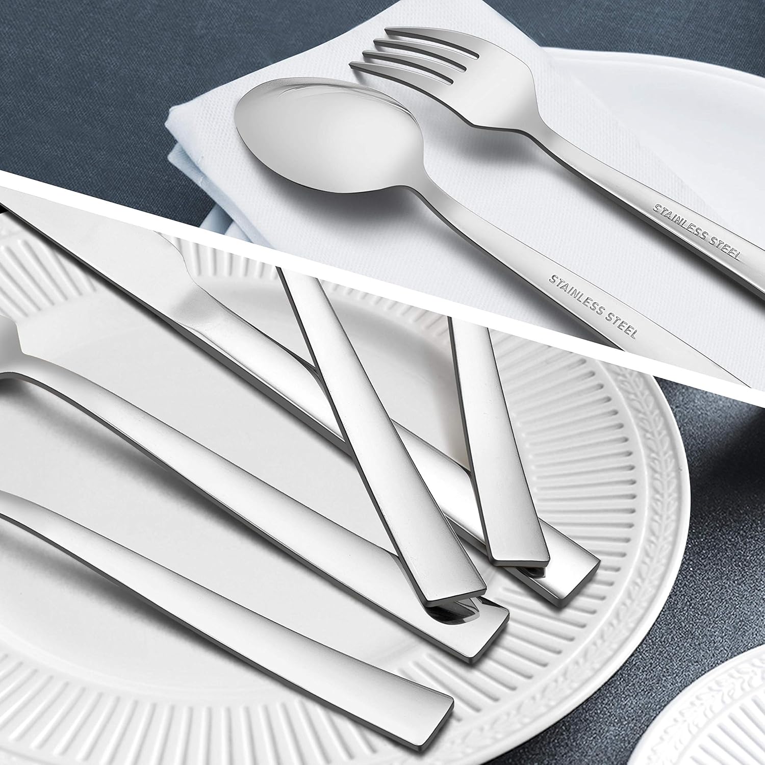 Homikit Juego de cubiertos de 60 piezas de cubiertos cuadrados de acero inoxidable para 12, utensilios de comida, incluye cuchillo, cuchara y
