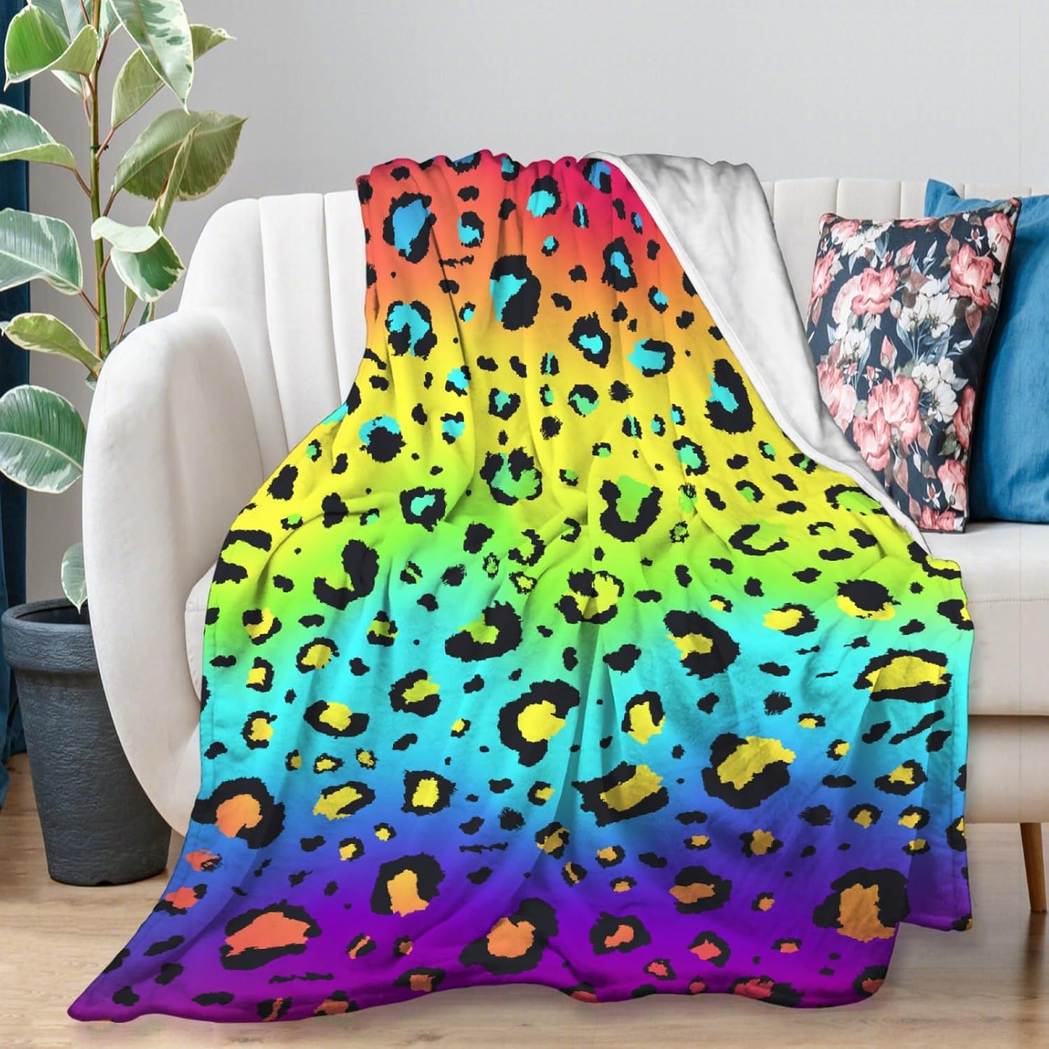 Manta de franela ultrasuave de forro polar neón arcoíris y leopardo para todas las estaciones, manta cálida y acogedora para cama, sofá o sillón, de