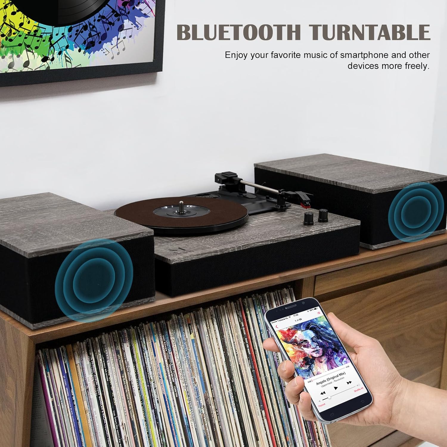 MPK – Tocadiscos Bluetooth, sistema de alta fidelidad con altavoces de estantería, tocadiscos de vinilo de 3 velocidades con transmisión por correa
