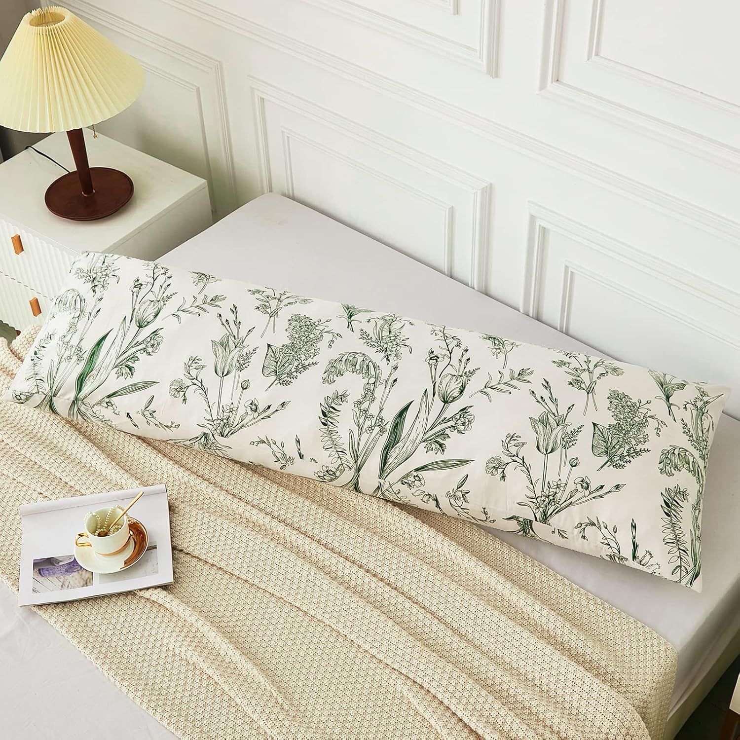 Funda de almohada corporal de flores verdes de 20 x 54 pulgadas, funda de almohada corporal de ramas verdes oscuras, flores, funda de almohada de