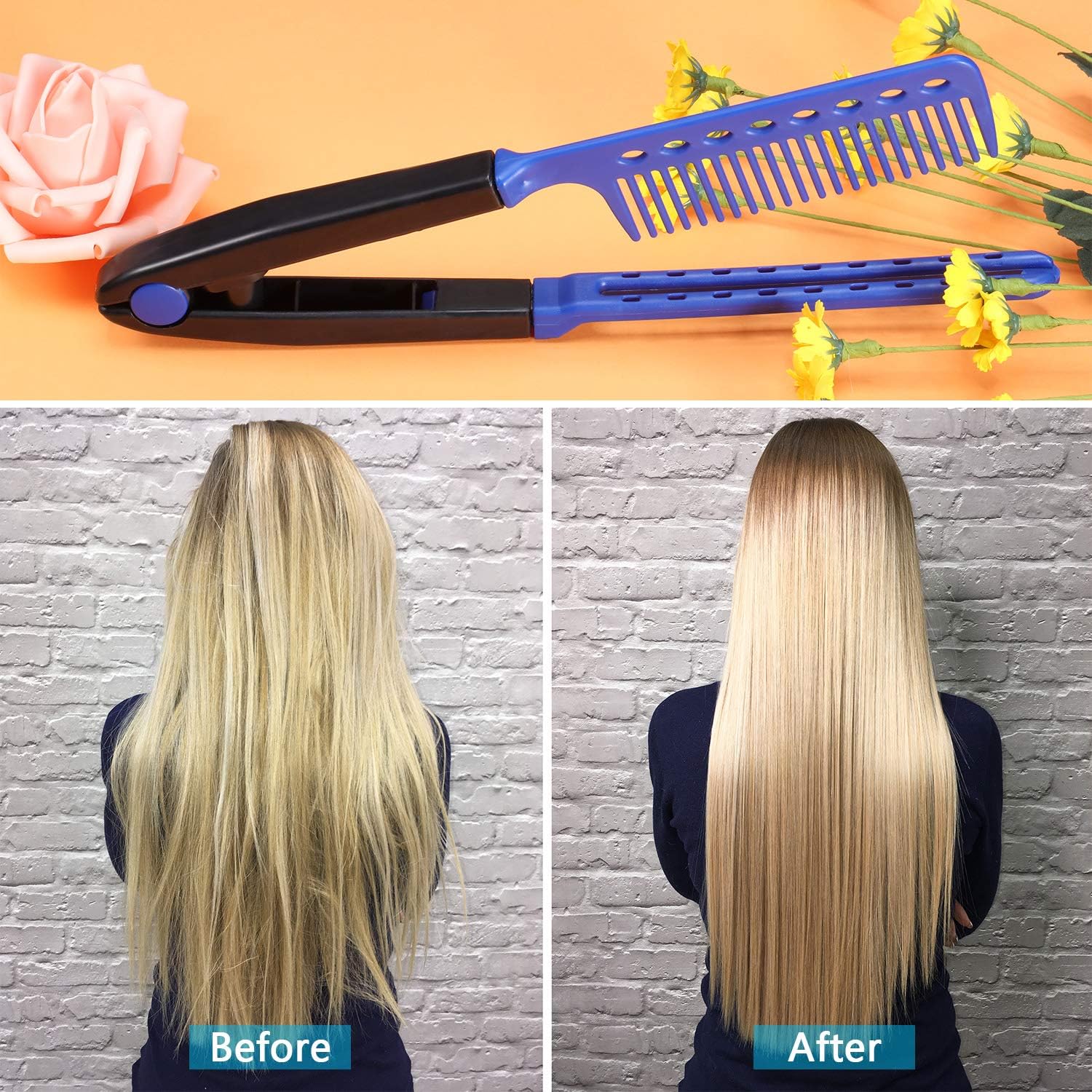 Peine plano de 2 piezas Peine alisador de peluquería Peine de peluquería Peine recto en forma de V peine alisador (rojo rosa, azul)