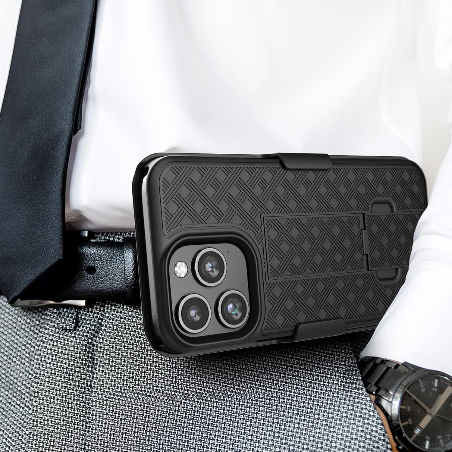 Galvanox Funda diseñada para iPhone 15 Pro Max con clip para cinturón (2023) Carcasa rígida de policarbonato ultra duradera (negro)