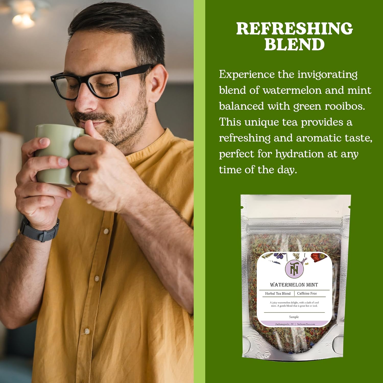 Nelson’s Tea – Menta de sandía – Rooibos verde, menta verde, equinácea, hoja de tilo, cilantro, cártamo y eucalipto (muestra)