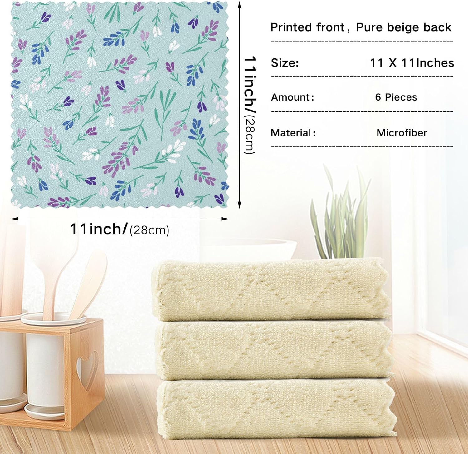 Juego de 6 paños de cocina y paños de cocina con estampado suave de flores de verano de lavanda morado, secado rápido, para restaurante y café