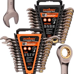 HORUSDY Juego de 24 llaves de trinquete  métricas y SAE  Juego de llaves combinadas de trinquete con organizador  72 dientes  Acero al cromo vanadio HORUSDY Juego de 24 llaves de trinquete  métricas y SAE  Juego de llaves combinadas de trinquete con organizador  72 dientes  Acero al cromo vanadio